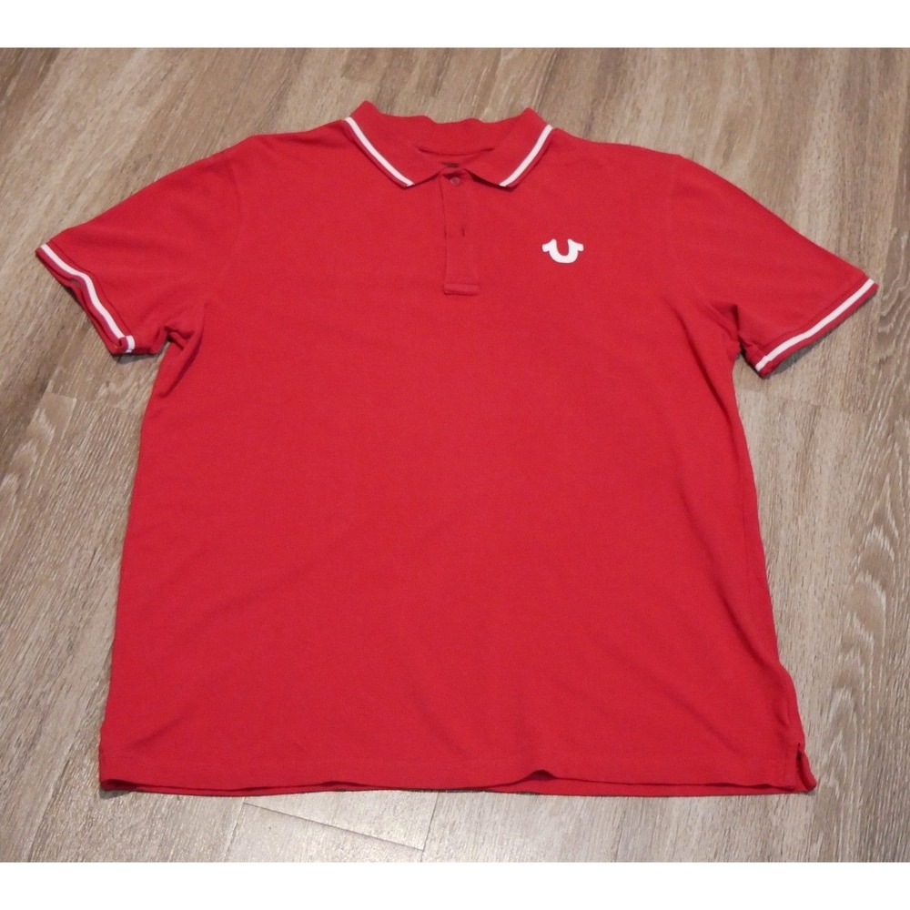 True Religion Mens Red Short Sleeve Polo Shirt Horseshoe Logo Graphic XL